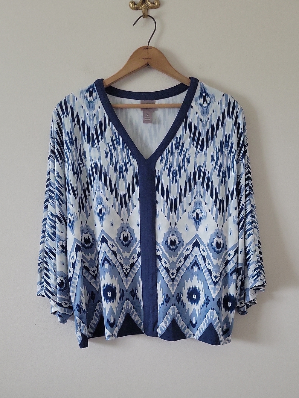 Chico's Blue Ikat Dolman Sleeve Knit Top Size Large
